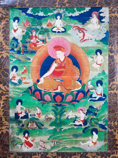 喇嘛Rje- grags Rtod Iha-pa- p- dbang Graps，带着光环，周围有许多大乘禅师（瑜伽士），生活在印度和西藏（7-11世纪），帆布水粉画 作者 藏族学校