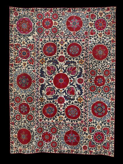 Shakhrisyabz Suzani，c。 1800（棉底上的丝绸刺绣） 作者 乌兹别克学校