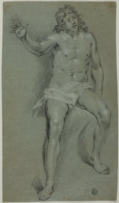 男性裸体坐像（正面）；手和男孩头部素描（背面） 作者 伦勃朗·范·莱恩学校