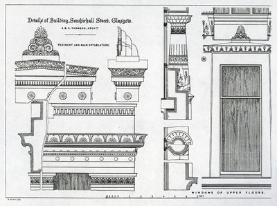 Gristian Chambers的建筑细节，位于格拉斯哥的Sauchiehall街336-356号，由Alexander Greek Thomson设计，1869年 作者 苏格兰学派