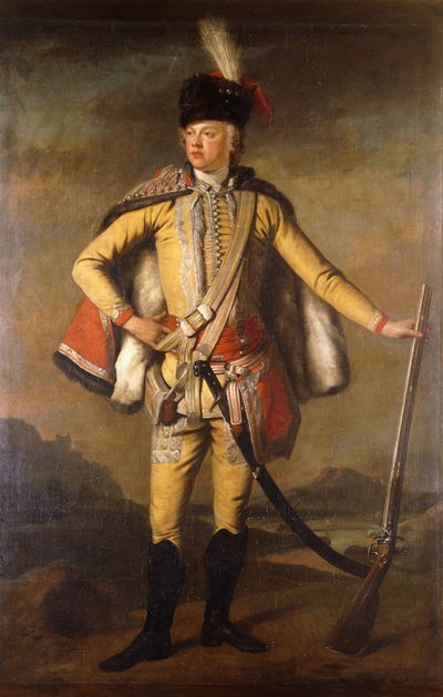 约翰·林赛（John Lindsay），克劳福德和林赛（Lindsay）伯爵的第20张肖像，全长，轻骑兵制服，手握发枪步枪，超越风景，约于1745年 作者 苏格兰学派