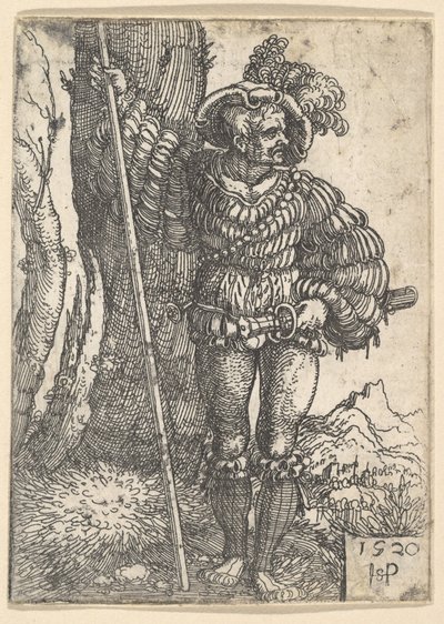 站在树旁的兰斯奎奈，1520年。 作者 塞巴尔德·比哈姆
