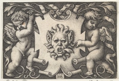 由两个精灵支撑的护罩上的面具，1544年。 作者 塞巴尔德·比哈姆