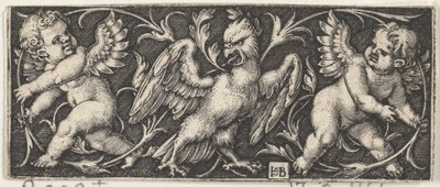 横板上有一只鹰，两边是两个精灵，1544年。 作者 塞巴尔德·比哈姆