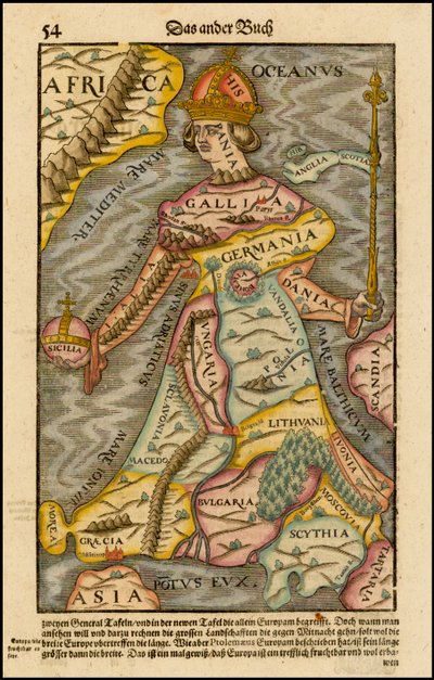 欧罗巴·里贾纳（Europa regina），1570年，来自宇宙学家的欧洲女王 作者 塞巴斯蒂安·芒斯特（Sebastian Munster）
