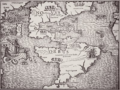 显示大西洋和太平洋的美洲地图 作者 塞巴斯蒂安·芒斯特（Sebastian Munster）