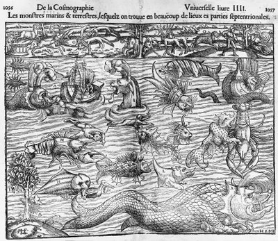 海洋和陆地怪物，来自 Cosmographia Universalis 的插图，Sebastian Munster（1489-1552） 作者 塞巴斯蒂安·芒斯特（Sebastian Munster）