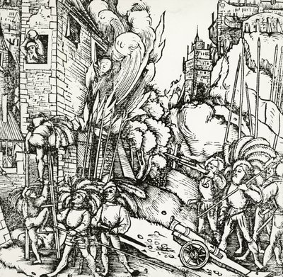 围攻迦太基，雕刻取自塞巴斯蒂安·蒙斯特（Sebastian Munster，1488-1552 年）的 Universalis Cosmographia（宇宙宇宙学）。 德国 作者 塞巴斯蒂安·芒斯特（Sebastian Munster）