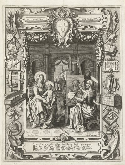 圣卢克公会与圣卢克绘画麦当娜和儿童，1620-21的徽章 作者 塞巴斯蒂安·弗朗克斯（Sebastian Vrancx）