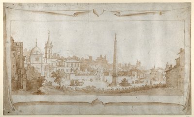 设计一个卷首画，可以看到 Porta del Popolo 内的罗马景色和 Pincio 的景色（纸上水洗的钢笔和墨水） 作者 塞巴斯蒂安·弗朗克斯（Sebastian Vrancx）