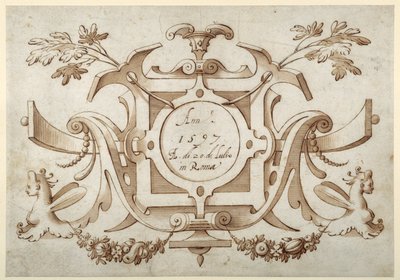 Strapwork cartouche associated with the set of his Roman Views (pen & brown ink with brown wash on paper) 作者 塞巴斯蒂安·弗朗克斯（Sebastian Vrancx）