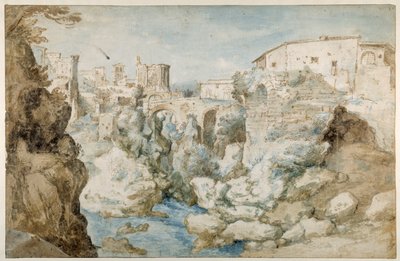 Tivoli 与 Tiburtine Sibyl 神庙和瀑布的景观（纸上用棕色和蓝色水洗笔和墨水） 作者 塞巴斯蒂安·弗朗克斯（Sebastian Vrancx）