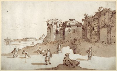 年轻人在戴克里先浴场内演奏 pelota； 远处的S. Bernardino； 贝莱亚尼的长墙（纸上用棕色水洗的钢笔和棕色墨水） 作者 塞巴斯蒂安·弗朗克斯（Sebastian Vrancx）