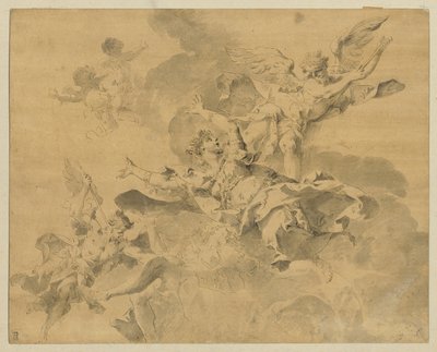 被复仇天使送入地狱的女王，约 1676-1746 年（纸上钢笔、墨水和水彩画） 作者 塞巴斯蒂亚诺·加莱奥蒂（Sebastiano Galeotti）