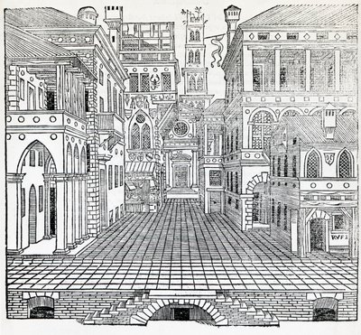 魔术场景，塞巴斯蒂亚诺·塞利奥 (Sebastiano Serlio，1475-1554) 的戏剧场景设计，来自《建筑论文》第二册的插图 作者 塞巴斯蒂安诺·塞里奥（Sebastiano Serlio）