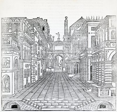 魔术场景，塞巴斯蒂亚诺·塞利奥 (Sebastiano Serlio，1475-1554) 的戏剧场景设计，来自《建筑论文》第二册的插图 作者 塞巴斯蒂安诺·塞里奥（Sebastiano Serlio）