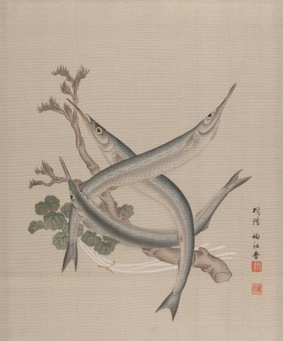 三条鱼和一根树枝，约1890-92年。 作者 关修子