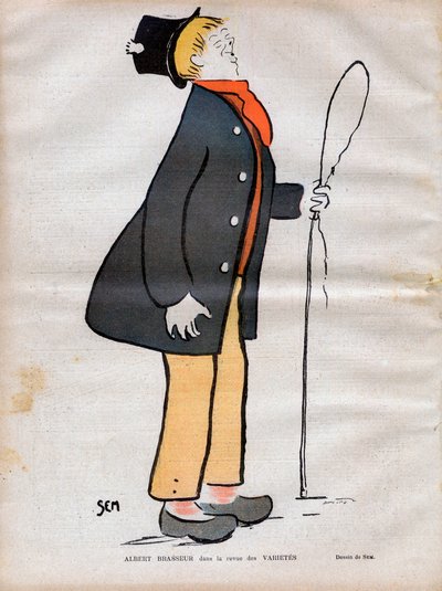 阿尔伯特-朱尔-杜蒙（1862-1932），又名阿尔伯特-布拉瑟，林荫大道剧院的演员，《Varietes》杂志上的歌舞表演者--SEM（乔治-古尔萨）（1863-1934）在《1902年的暴风雨》中的漫画。 作者 塞姆