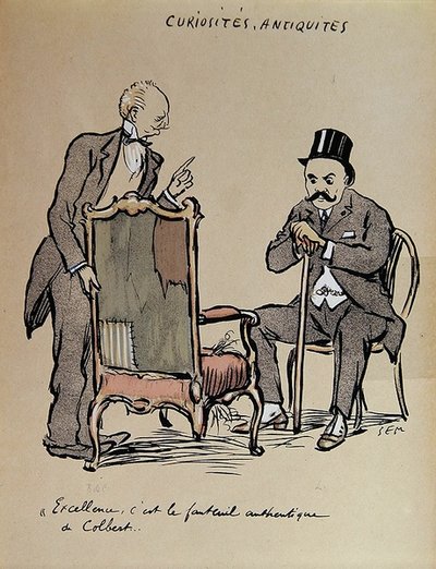 富有的艺术收藏家正在检查据称是科尔伯特拥有的椅子。约1919年（彩色平版印刷） 作者 塞姆
