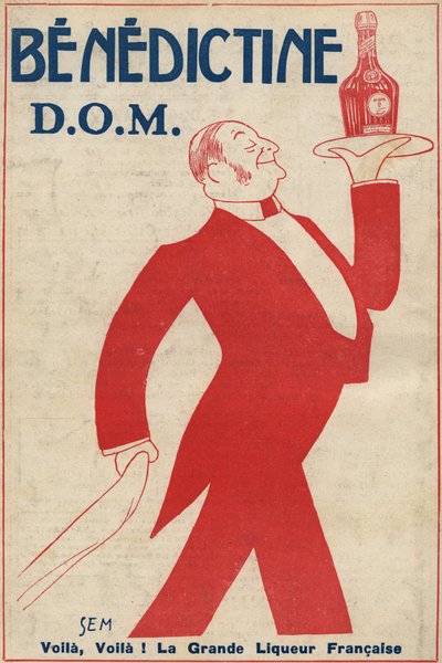 消化酒（利口酒）"Benedictine"（D.O.M.）的广告。一个咖啡男孩用托盘拿着一个瓶子。塞姆（1873-1932）画的。1911. 作者 塞姆