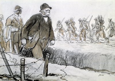 第一次世界大战：克列孟梭（1841-1929 年）的肖像在参观前线的外壳中。 Georges Goursat dit Sem (1863-1934) 的绘画 作者 塞姆
