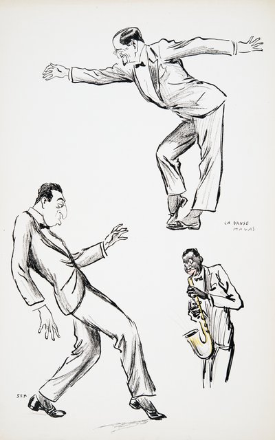 两位身着黑色领带的绅士从La Danse Havas那里演奏萨克斯管，来自White Bottoms，pub。 1927年（彩色印刷版），来自White Bottoms，pub。 1927年（色块打印） 作者 塞姆