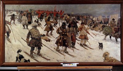16 世纪俄罗斯人的军事行动。滑雪板上的俄罗斯战士在雪地中前进。谢尔盖-瓦西里耶维奇-伊万诺夫（1864-1910 年）的画作，布面油画 作者 谢尔盖·伊万诺维奇·格里科夫