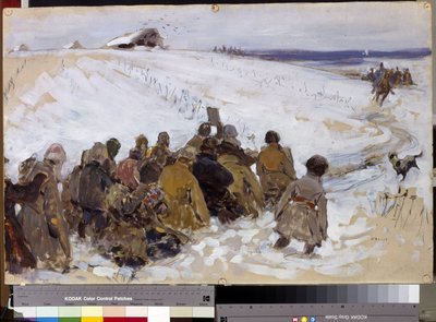Une expedition punitive（惩罚性远征）。Peinture de Sergei Vasilyevich Ivanov (1864-1910)。纸盒上的油彩。莫斯科，特列季亚科夫国家美术馆。 作者 Sergei Ivanovich Gribkov