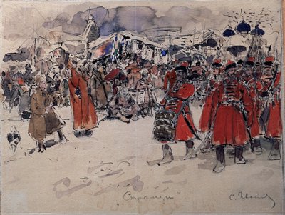 Streltsy（或 Strelets）部队，16 至 18 世纪的俄罗斯军团（The Streltsy）。谢尔盖-瓦西里耶维奇-伊万诺夫（1864-1910 年）的作品，纸上水彩画，俄罗斯艺术，19 世纪末 20 世纪初。科斯特罗马国家联合艺术博物馆 作者 谢尔盖·瓦西里维奇·伊万诺夫（Sergej Vasilevic Ivanov）