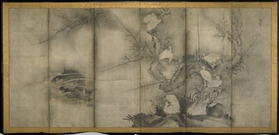 柳树，梅花和柳树中的白鹭，六面板折叠屏幕（纸上墨水） 作者 塞森·史凯