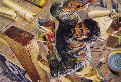 米开朗基罗在西斯廷教堂天花板上劳作（彩色石版画） 作者 塞韦里诺·巴拉尔迪