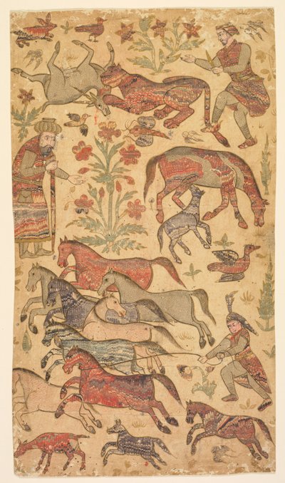 鲁斯塔姆抓住拉赫什的大理石花纹画，约1650年。 作者 沙菲