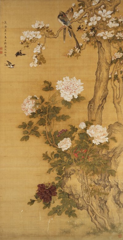 牡丹、鸟和玉兰树，挂轴，清代（绢本设色） 作者 神泉