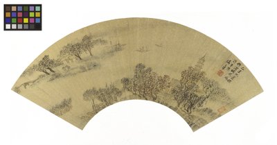 景观与宝塔，房屋和船，1625墨水和金纸上的颜色 作者 盛茂业