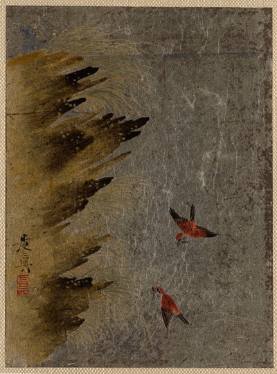 鸟类和突起的岩石。 作者 Shibata Zeshin