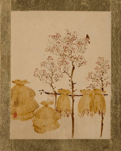 稻草堆和树木。 作者 Shibata Zeshin