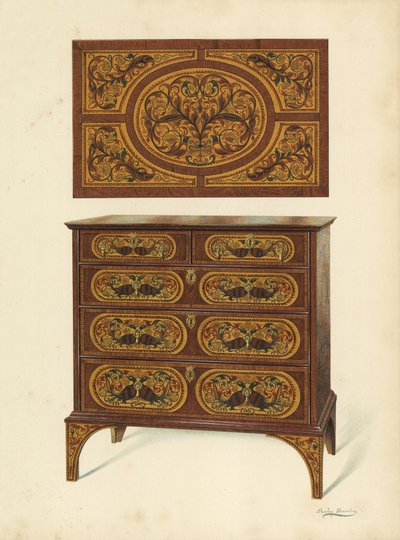 用Marqueterie（chromolitho）镶嵌的抽屉柜 作者 雪莉·查尔斯·莱韦林·斯洛科姆