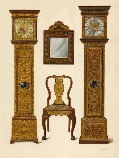 时钟镶嵌着Light Marqueterie，Percy Macquoid的财产;时钟镶嵌黑暗Marqueterie，维多利亚和阿尔伯特博物馆;核桃椅子镶嵌着Marqueterie;镜子（chromolitho） 作者 雪莉·查尔斯·莱韦林·斯洛科姆