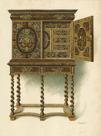 Walnut Cabinet镶嵌着Marqueterie，The Charlotte Maria Lady North和R Eden Dickson（chromolitho）的财产 作者 雪莉·查尔斯·莱韦林·斯洛科姆