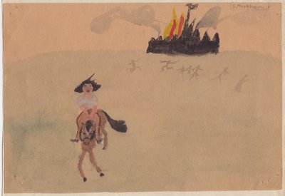 骑马的女孩逃离燃烧的堡垒，约1941年。 作者 雪莉·马卡姆