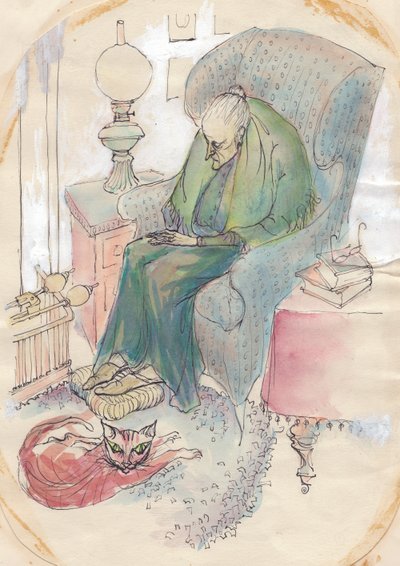老妇人和猫，1951年。 作者 雪莉·马卡姆