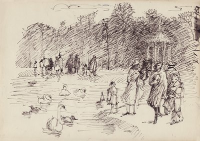 伦敦肯辛顿花园圆形池塘上的天鹅，约1950年。 作者 雪莉·马卡姆
