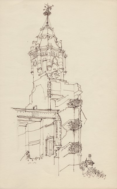 废墟建筑的塔楼，约1950年。 作者 雪莉·马卡姆