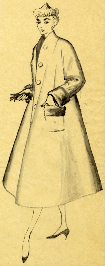 穿着防尘大衣和尖顶帽子的女人，约1952年。 作者 雪莉·马卡姆