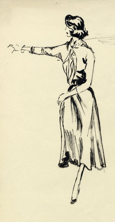 穿着长裙的女人，伸出手臂，约1950年。 作者 雪莉·马卡姆
