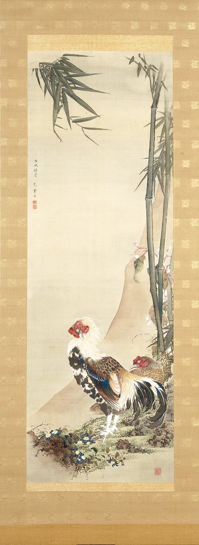 公鸡和母鸡（绢本水墨彩画） 作者 志石宗勘阁