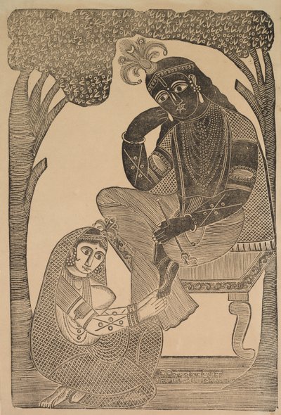 拉达抚摸克里希纳斯的脚，1800年代。 作者 什里·戈宾达·钱德拉·罗伊