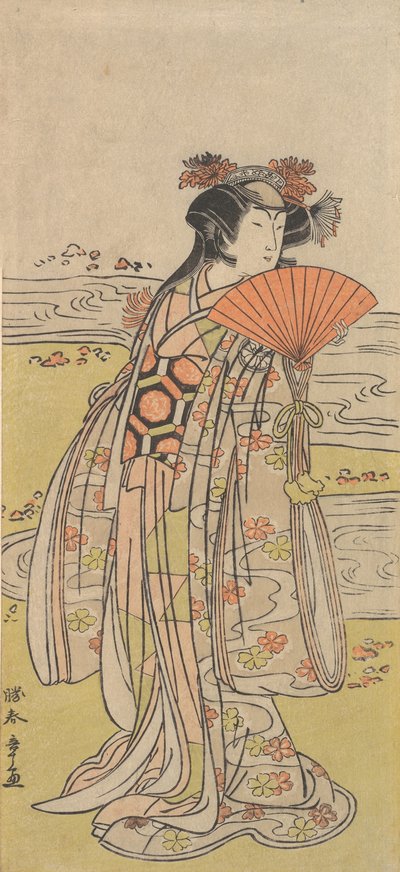 演员濑川喜久野三扮演的女子站在蜿蜒的溪流旁，约1777年。 作者 春庄