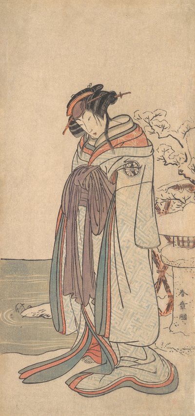 第三幅濑川菊之郎扮演的站在雪中的宫女，可能是1775年。 作者 春庄