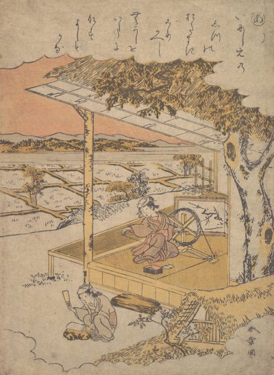 阳台上的女人，纺纱...，18世纪。 作者 春庄